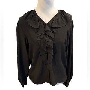 Woodsbury Silk Ruffle Front Black Blouse SZ SM VINTAGE